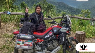 PETUALANGAN. Potret Piaggio, seorang guru perempuan asal Turki, Gülsah Merve Yüksel berhasil solo riding keliling dunia dan sampai ke Indonesia untuk melakukan petualangan. (Dok. Kompas/Redaksi Parekas)
