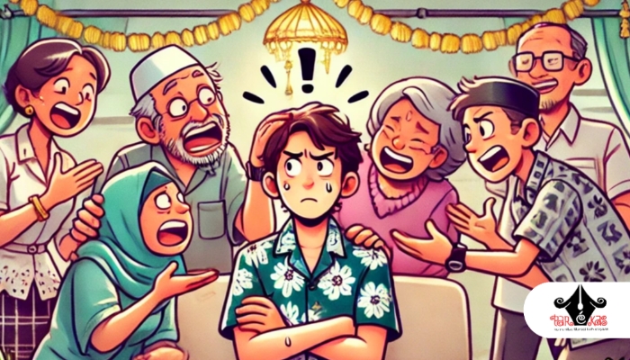 ILUSTRASI. Potret suasana silaturahmi Lebaran yang heboh, di mana seorang anak muda tampak frustrasi saat dicecar pertanyaan tentang pekerjaan oleh keluarga besarnya. (Dok. Redaksi Parekas)