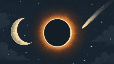Gambar 1: Fenomena Langit Pasca Lebaran 2025 Keterangan: Ilustrasi ini menunjukkan tiga fenomena langit yang dapat terjadi setelah Lebaran 2025, yaitu fase bulan baru, gerhana matahari, dan komet yang melintas.