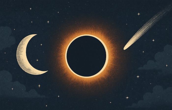 Gambar 1: Fenomena Langit Pasca Lebaran 2025 Keterangan: Ilustrasi ini menunjukkan tiga fenomena langit yang dapat terjadi setelah Lebaran 2025, yaitu fase bulan baru, gerhana matahari, dan komet yang melintas.