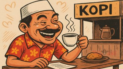 Ilustrasi karikatur satir penikmat kopi warung (Gambar: Doc. Parekas.com)