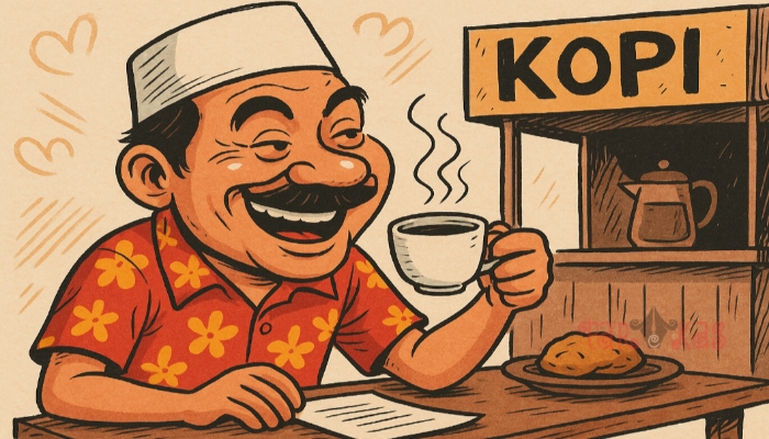 Ilustrasi karikatur satir penikmat kopi warung (Gambar: Doc. Parekas.com)