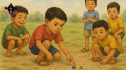 Ilustrasi: gambar ilustrasi sekelompok anak sedang bermain kelereng di lapangan. (Redaksi)
